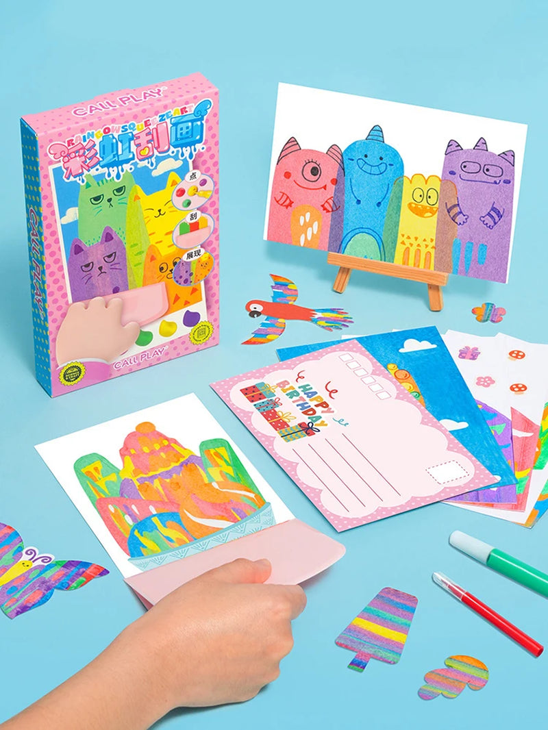 Squeegee Art Kids Paint Kit Color Scratch Painting Set DIY Rainbow Scratch Art Boys Girls Birthday Christmas Gifts